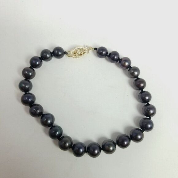 Vintage Black Cultured Pearl Beaded Bracelet, Yellow Gold Filled Clasp, Estate - Picture 2 of 9